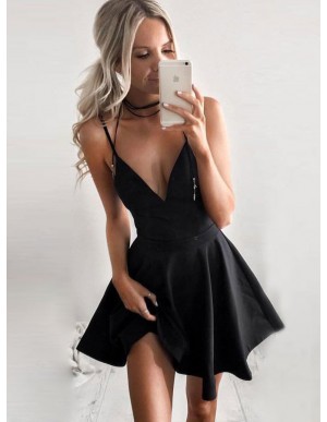 A-Line Spaghetti Straps Sleeveless Short Black Satin Homecoming Dress