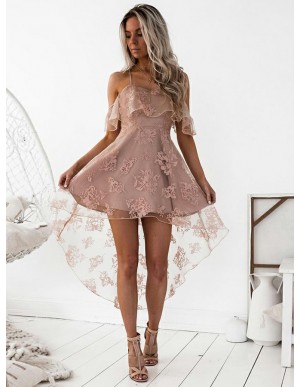 High Low A-Line Spaghetti Straps Blush Lace Homecoming Cocktail Dress