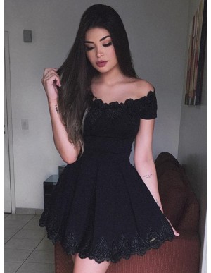 A-Line Off-the-Shoulder Short Sleeves Black Lace Homecoming Dress 