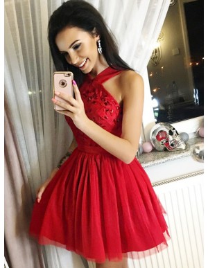 A-Line Cross Neck Short Red Tulle Homecoming Dress with Beading