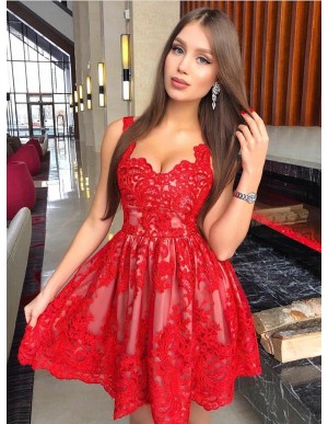 A-Line Straps Short Red Homecoming Dress with Appliques