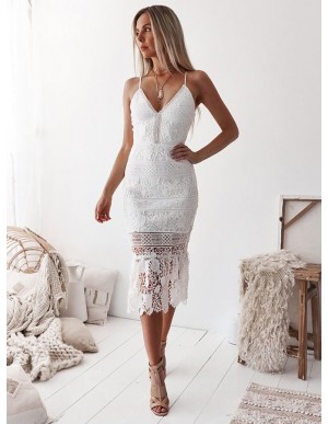 Sheath Spaghetti Straps Mid-Calf White Lace Prom Homecoming Dress
