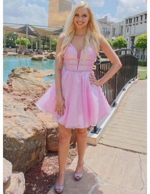 A-Line V-Neck Backless Pink Short Homecoming Dress with Beading