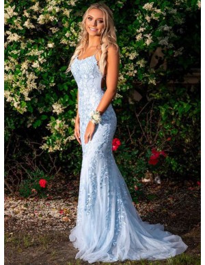 Mermaid Spaghetti Straps Long Light Blue Prom Dress with Appliques