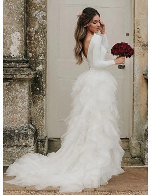 Princess A-Line Jewel Tiered Backless Wedding Dress with Sleeves